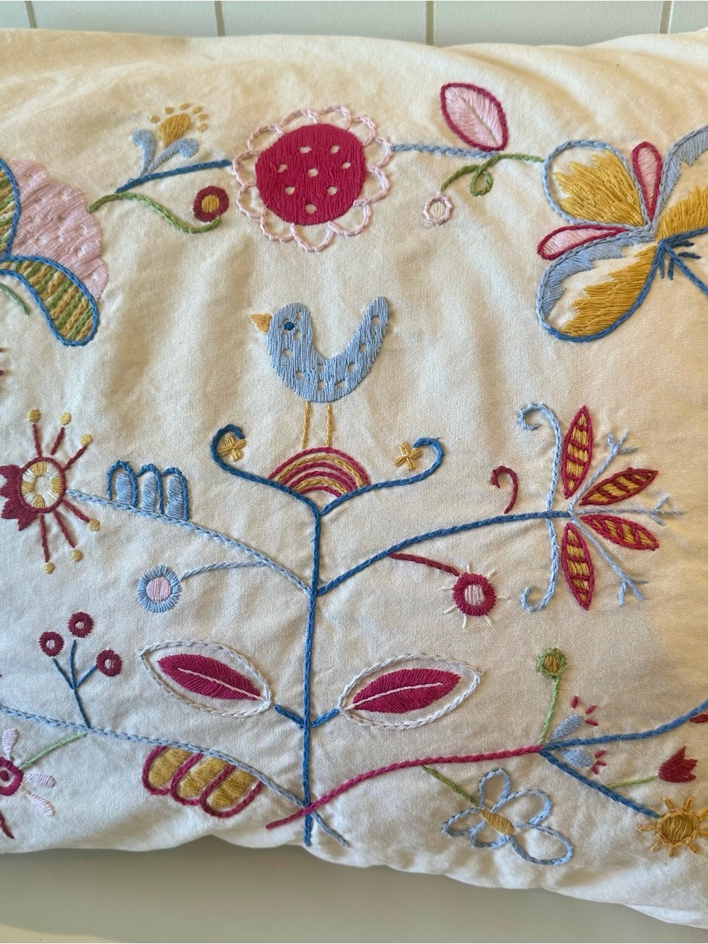 IKEA Embroidered White Accent Pillow with Blue, Pink, Yellow and Red Accents - Picture 1 of 6